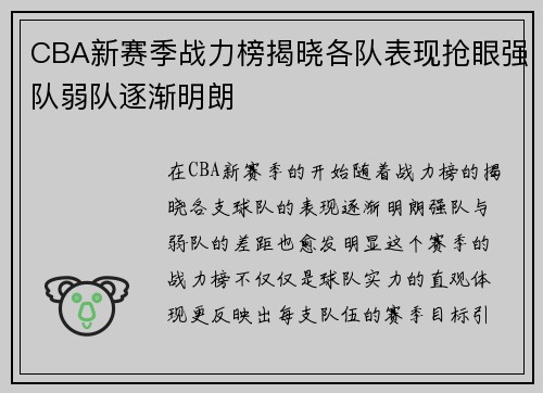 CBA新赛季战力榜揭晓各队表现抢眼强队弱队逐渐明朗