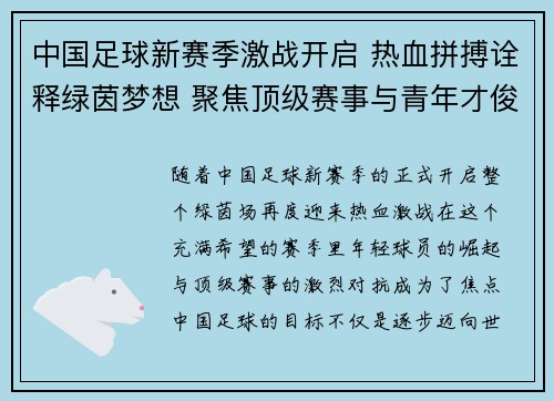 中国足球新赛季激战开启 热血拼搏诠释绿茵梦想 聚焦顶级赛事与青年才俊的崛起