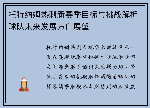 托特纳姆热刺新赛季目标与挑战解析球队未来发展方向展望
