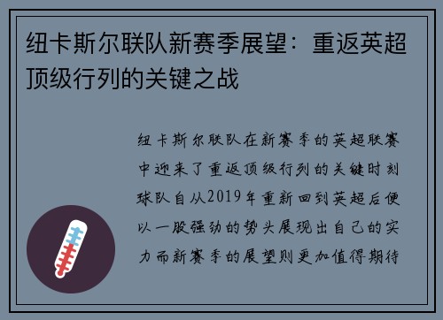 纽卡斯尔联队新赛季展望：重返英超顶级行列的关键之战