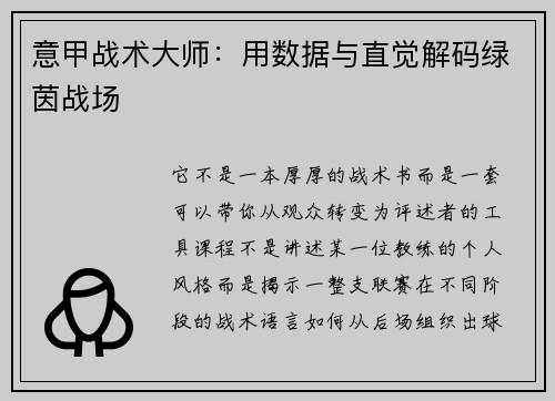 意甲战术大师：用数据与直觉解码绿茵战场
