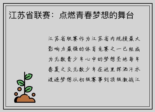 江苏省联赛：点燃青春梦想的舞台